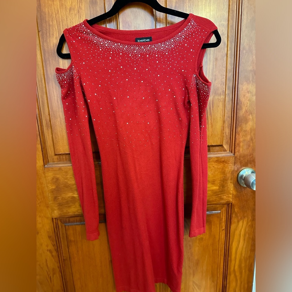 Red Cold Shoulder Rhinestone Dress